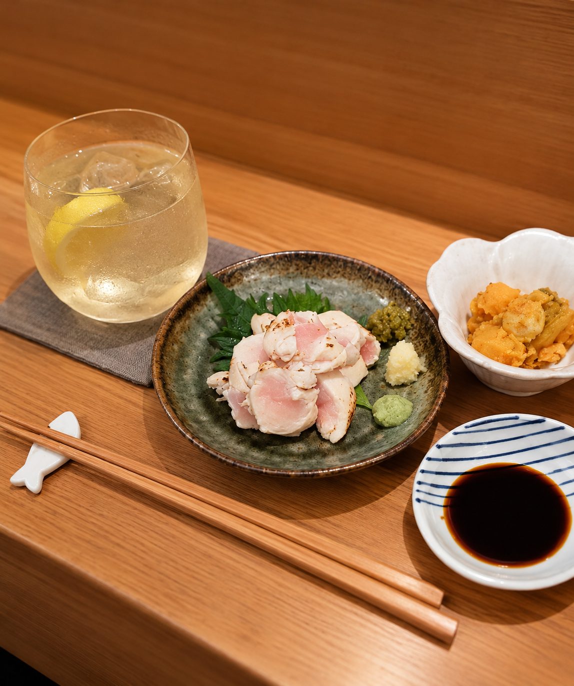 鶏のたたきと小鉢、レモンサワーのセットの一例